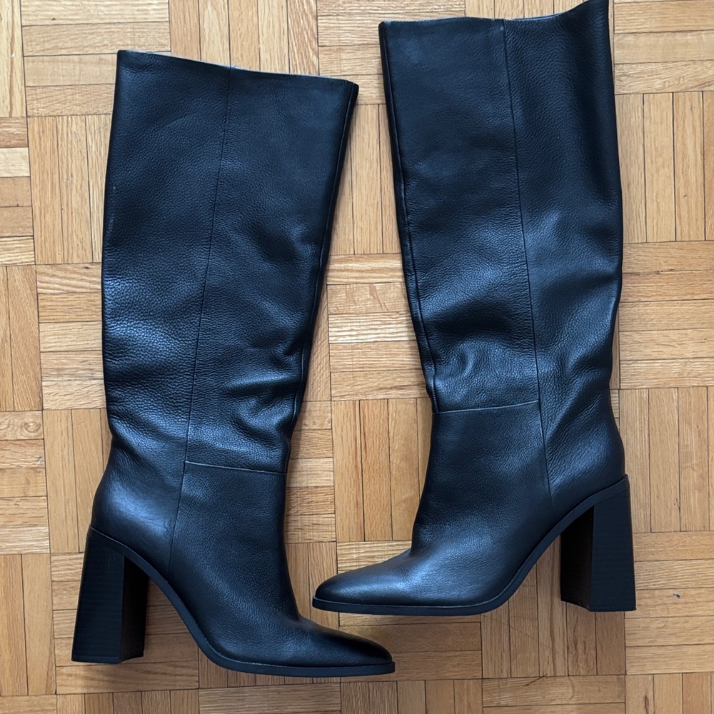Mango Black Heeled Leather Block Boots
